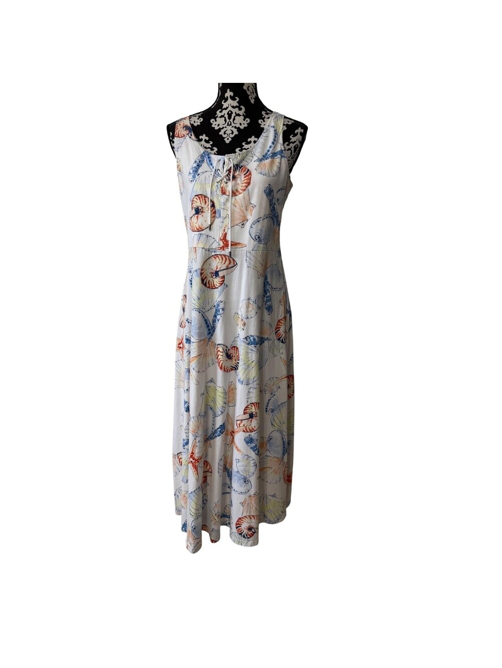 Chaps XL White Blue Seashell Starfish Lace Up Maxi Dress Sleeveless Sundress